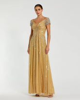 Gold Sequined Evening Gown With Embellished Shoulders
